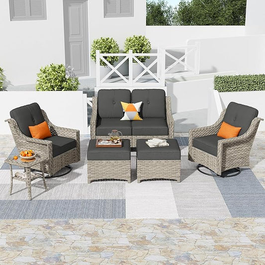 HOOOWOOO 6 Piece Patio Furniture Conversation Sets with Swivel Rocking Chairs,Outdoor Wicker Furniture with Ottoman,All Weather Resistant High Back Rattan Conversational Set(Black)