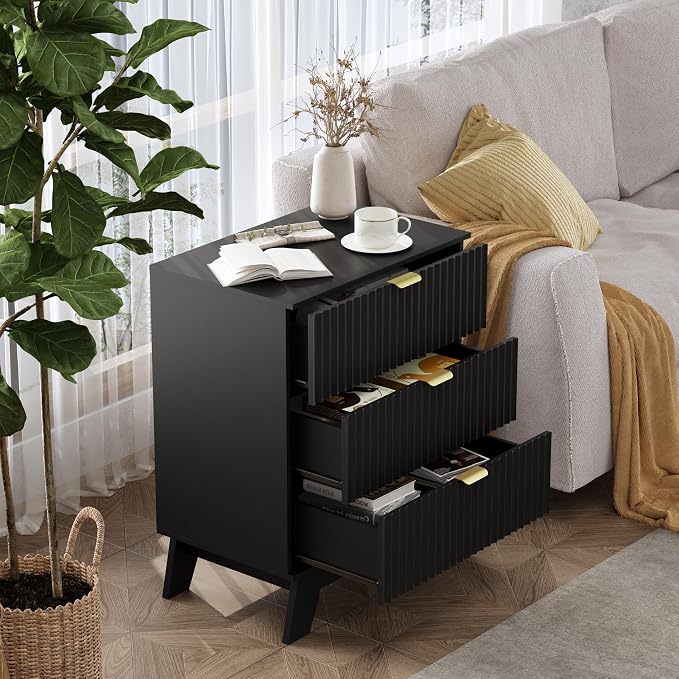 Wodeer Night Stand Set 2, Bedside Table & End Table, Mid Century Modern Fluted Wood Nightstand with 3 Drawers & Metal Handles, Farmhouse Nightstand for Bedroom, Black - Image 4