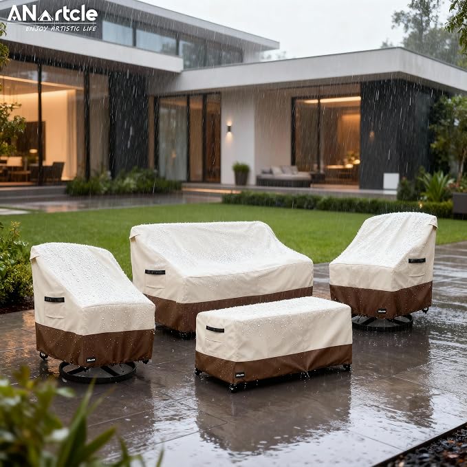 ANartcle Patio Furniture Covers 4 Piece Set, 600D Waterproof Heavy Duty Outdoor Furniture Covers,Fit Wicker Patio Loveseat, Swivel Rocker Chair and Coffee Table,Beige&Brown - Image 5