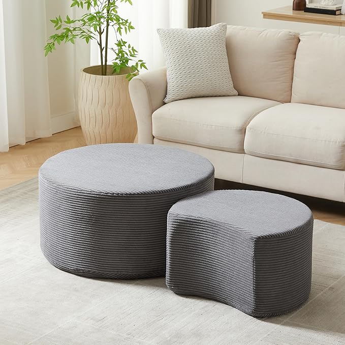 kevinplus 49.7'' Foam Round Nesting Coffee Table Set of 2, Modern Upholstered Side End Table Ottoman Footrest, No Assembly, Gray