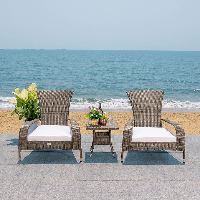 SAFAVIEH Outdoor Patio Furniture Collection Edna 3-Piece Lounge Set with Grey Brown Faux Rattan Armchairs, Cushions & Side Table, Conversation Seating (PAT7719C)