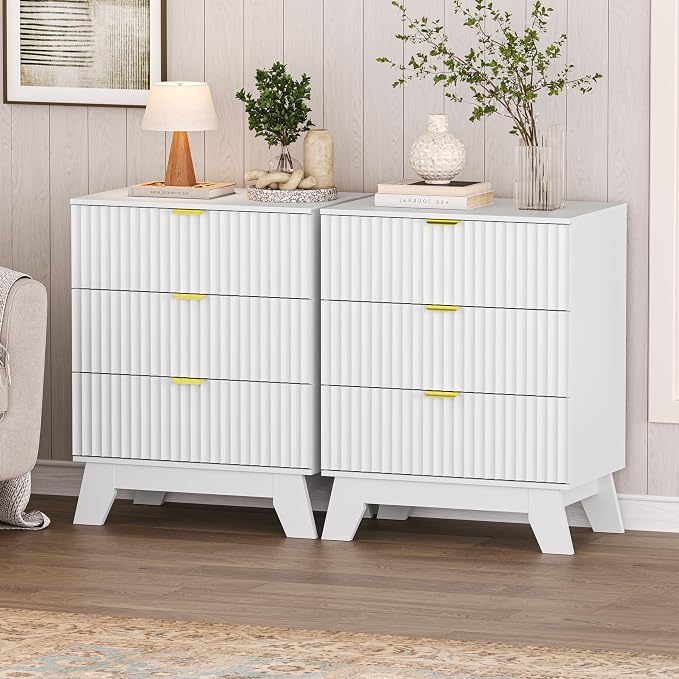 Nightstand with 3 Large Drawers,24" Wide End Table with Curved Metal Handles,Fluted Wood Small Dresser,Bedside Table,Modern Chest of Drawers for Bedroom,Living Room, White - Image 3