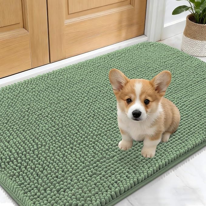 OLANLY Dog Door Mat for Muddy Paws 30x17, Absorbs Moisture and Dirt, Absorbent Non-Slip Washable Doormat, Quick Dry Chenille Mud Mat, Entry Indoor Entryway Carpet for Inside Floor, Olive Green by OLANLY