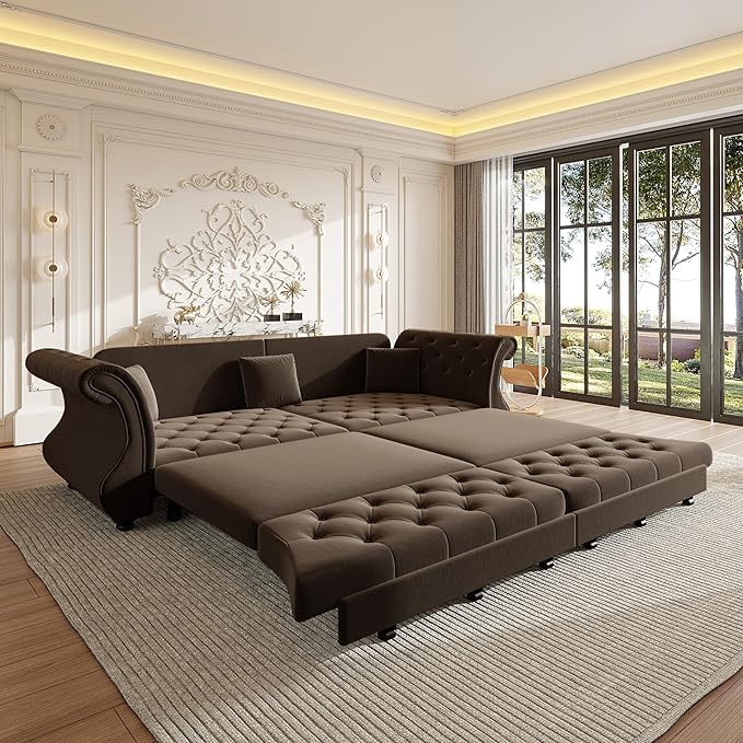 Eafurn Oversized 4-Seater Chesterfield Loveseat Convertible King Size Sleeper Couch Bed,Classic Tufted Velvet Pull Out Loveseat Sofa Bed with Roll Armrest and Solid Wood Legs