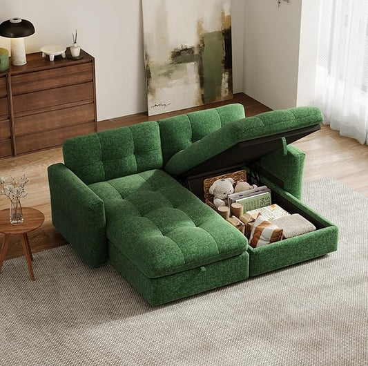 84" Oversized Sectional Chaise with Storage, Large Chaise Lounge with Adjustable Armrest, Chenille Cloud Couches for Living Room, Apartment, Home Theater, Green