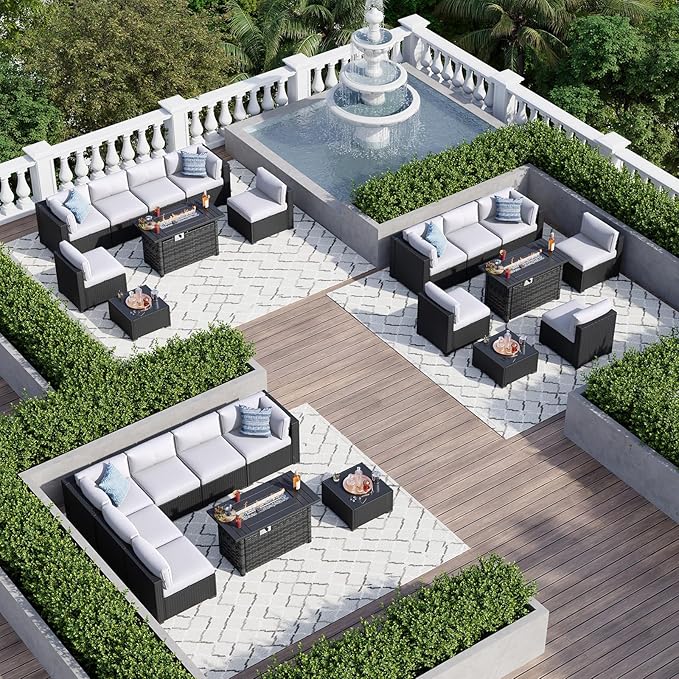 Aoxun 8 Piece Patio Furniture Set with 44” Fire Pit Table, Wicker Rattan Patio Sectional Sofa, Outdoor Furniture Set with Thickened Cushion, Light Gray