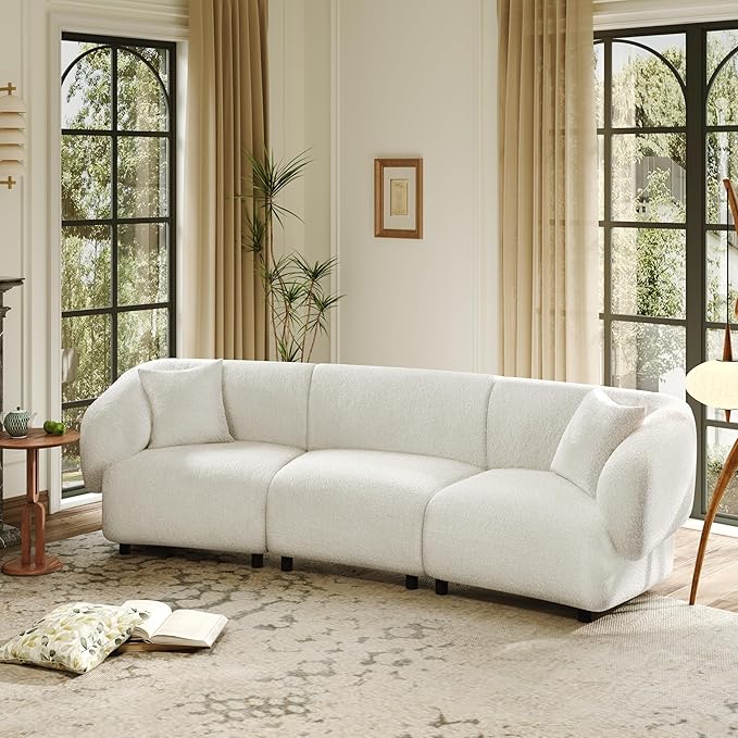 Christopher Knight Home Obito Boucle Upholstered 3-Seater Sofa, Modern Home Sofa Living Room, Wooden Large Upholstered Sofa Couch for Apartment/Home Office, Light Beige