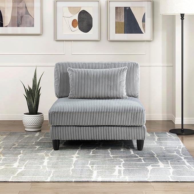 Lexicon Modular Sectional Sofa for Living Room, Corduroy Fabric Upholstery Armless Chair with Pillow, Units of Modular Sectional Couch, Upholstered Chair for Customizable Sectional Sofa Couch, Gray