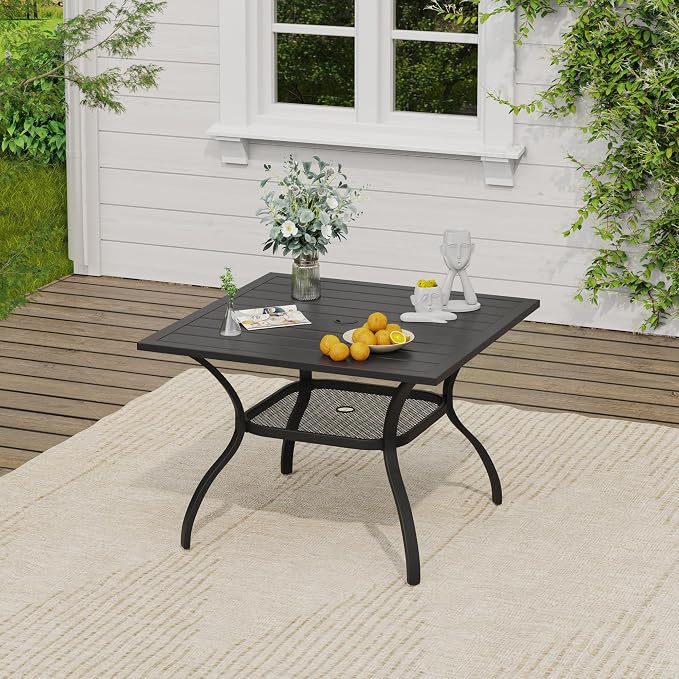 VICLLAX Outdoor Dining Set for 4, Patio Furniture Set of 4 Patio Stackable Dining Chairs and Outdoor Metal Square Table with Umbrella Hole for Backyard Lawn Garden, Dark Grey Chairs and Black Table - Image 5