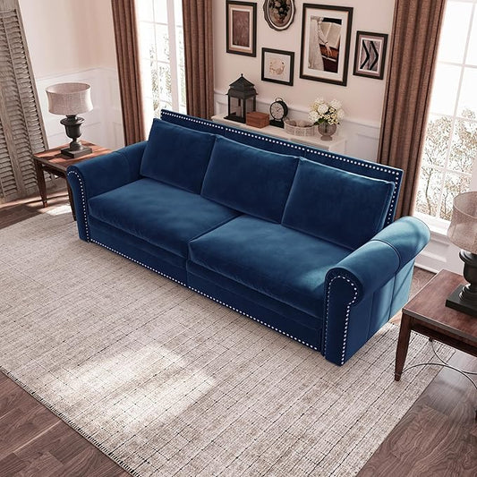 Eafurn 93.7" King Size Pull Out Sofa Bed, 3-in-1 Convertible Sleeper Sofa Couch Bed with Nailhead Decor and Rolled Arms, Velvet Oversized Chesterfield Loveseat Chaise Lounge