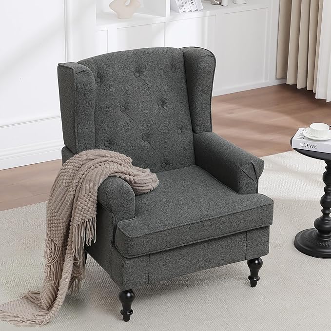 Accent Chair for Living Room, Mid Century Modern Upholstered Armchair, Wingback Chair with Tufted High Back and Solid Legs, Comfy Side Chairs Single Sofa for Bedroom, Dark Grey