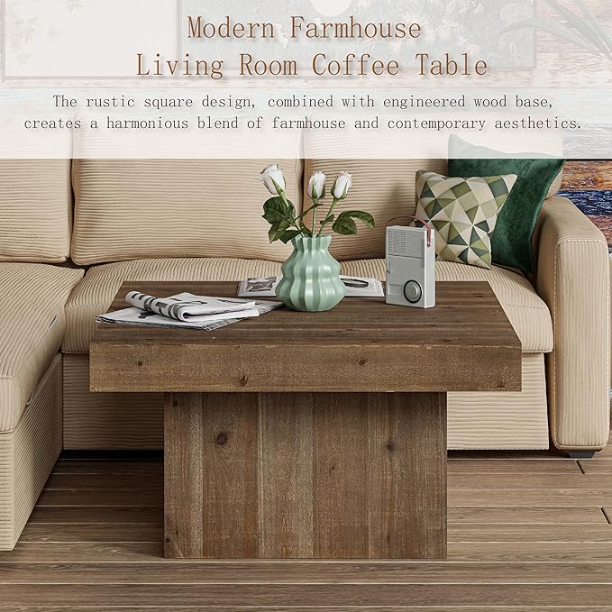 COZAYH Modern Farmhouse Wood Block Coffee Table, Rustic Square Table Chunk Table with Cubic Base for Family, Living Room, Lounge, Nature Wood Finish, Sturdy, Distressed, Rectangle