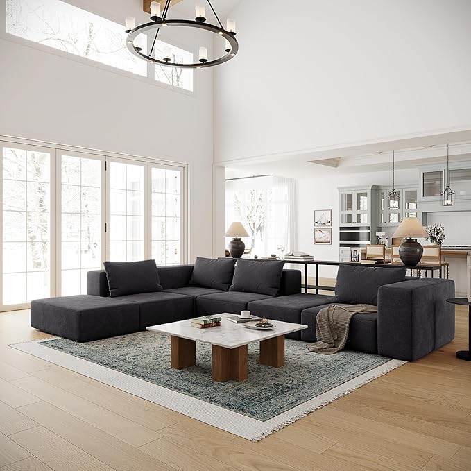 Acanva Oversized Modular Sectional Sofa with Removable Washable Slipcovers, Modern Low Profile Deep Seat Couch for Living Room, Chenille-Black, Armrest/Ottoman