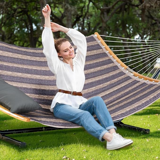 SUNCREAT Hammocks for Outside with Stand Included, Double Hammock with Curved Spreader Bar, Carrying Bag, Gray Stripes - Image 2