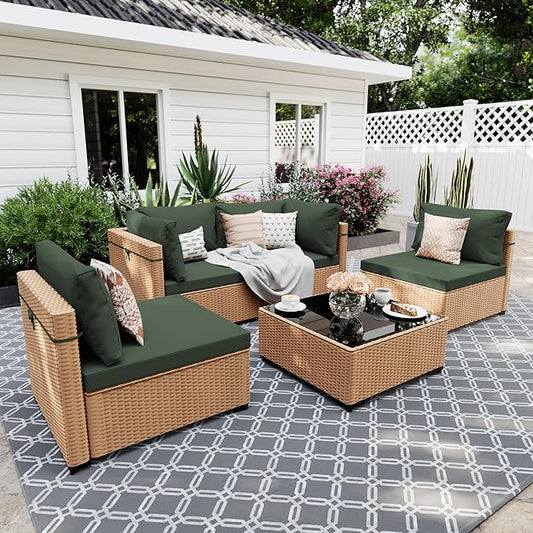 UPHA 5 Pieces Patio Furniture Sets, Wicker Outdoor Sectional Sofa Couch with Coffee Table, Patio Conversation Set for Deck Backyard Garden, Beige Rattan, Pine Green Cushion
