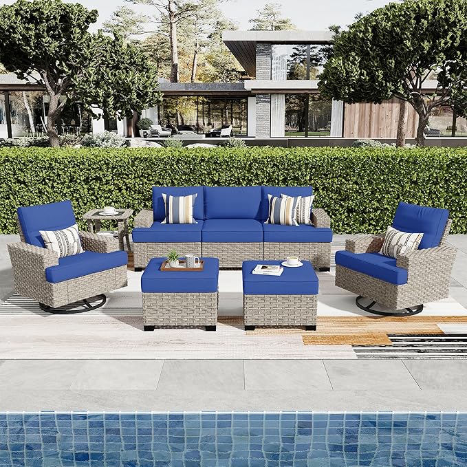 ovios 8 Piece Patio Sectional Furniture with Swivel Rocking Chairs, Rattan Wicker Coversation Set with Glowing Coffee Table, Outdoor Sofa Set for Outside Porch Balcony Backyard Pool,Navy Blue