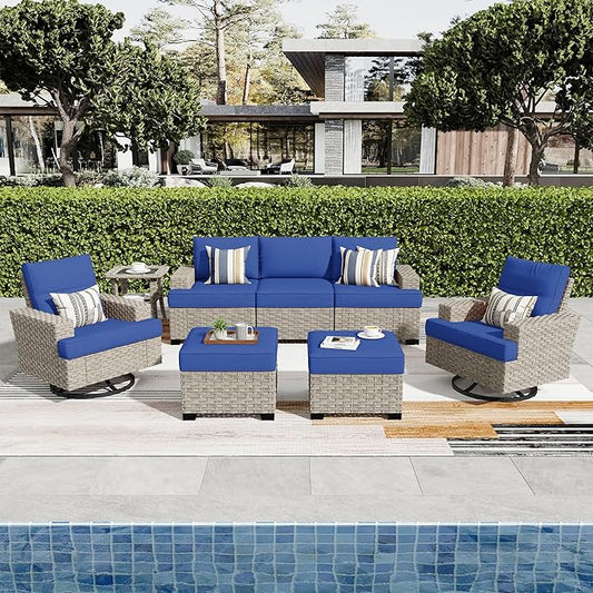 ovios 8 Piece Patio Sectional Furniture with Swivel Rocking Chairs, Rattan Wicker Coversation Set with Glowing Coffee Table, Outdoor Sofa Set for Outside Porch Balcony Backyard Pool,Navy Blue