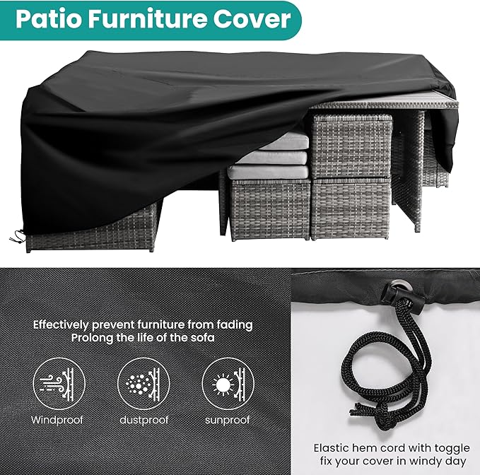 Patio Furniture Set, 7 Pieces Outdoor Patio Furniture with Dining Table&Chair, All Weather Wicker Conversation Set with Ottoman,Grey (Include Sofa Dust Cover)