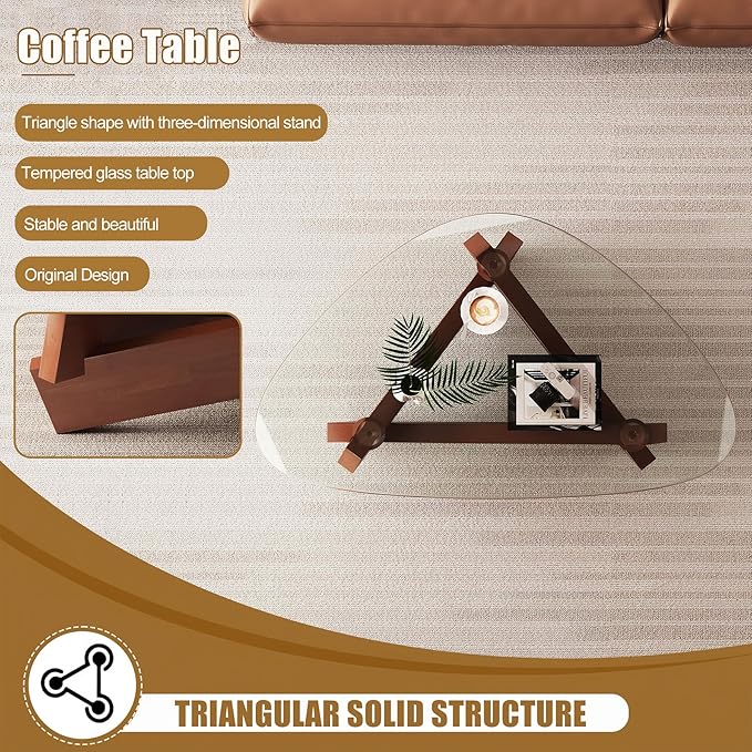 Walnut Triangle Coffee Table 35.5'' x 27.5'' x 15.7'' Modern Mid Century Glass Coffee Table Rustic Brown Solid Wood Center Table Funky Retro Vintage Tea Table for Living Room & Small Space