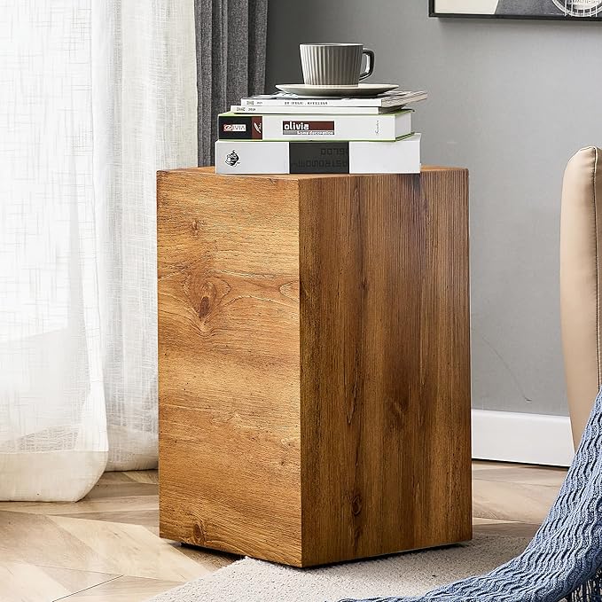 Cube End Table Wood Grain, Modern Side Table for Living Room, Contemporary Nightstand