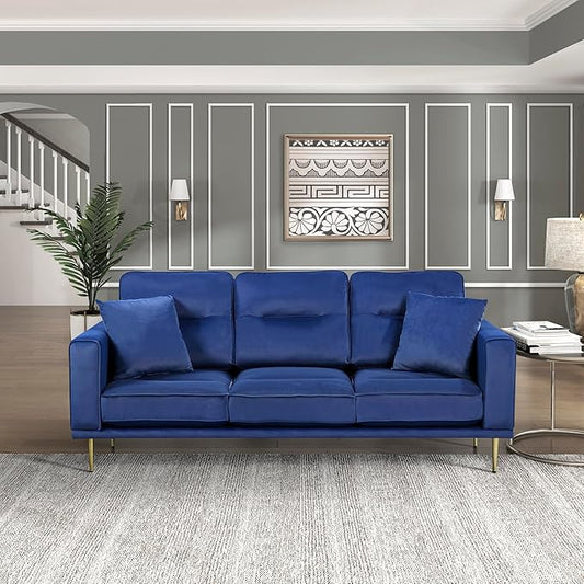 Lexicon Velvet Sofa Couch, Modern Couches, Metal Seat Base Metal Legs with Gold-Tone Finish, 82 inch Sofa with 2 Throw Pillows, 3 Seater Couches for Living Room, Bedroom, Apartment, Blue
