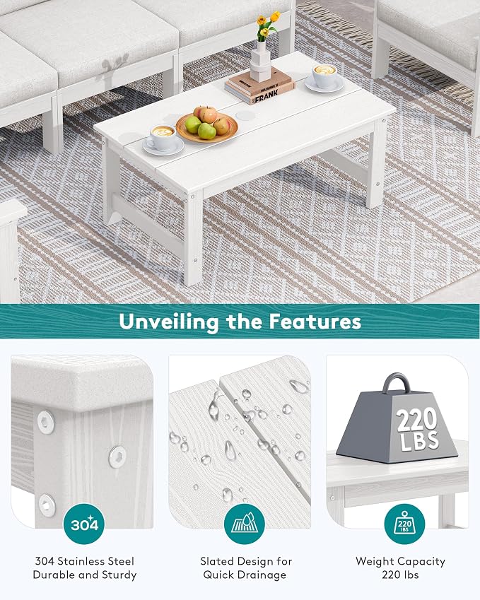 SERWALL HDPE Patio Coffee Table, Rectangle Outdoor Coffee Table, All-Weather Coffee Side Table for Balcony, Poolside, Deck, Garden, White - Image 5