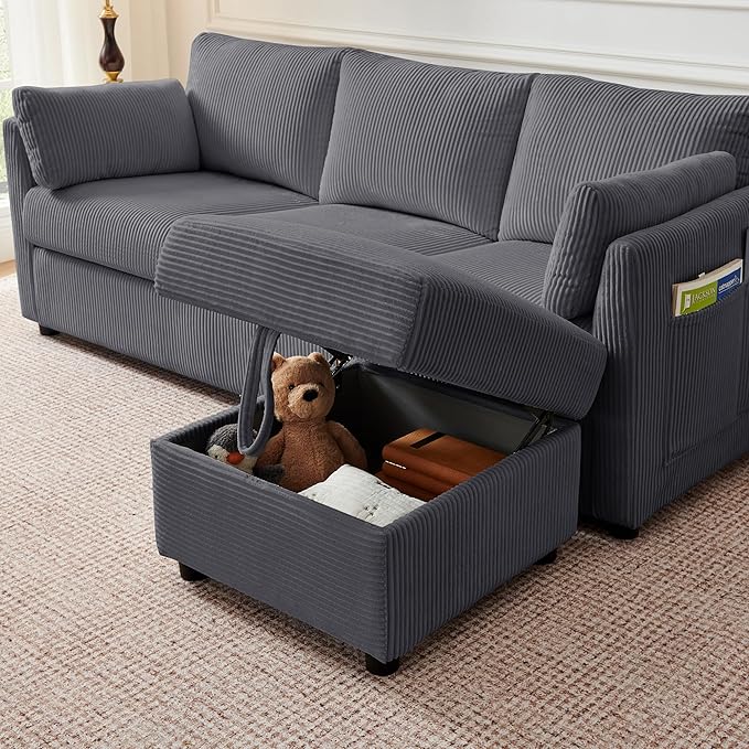 79" L Shaped Couch with Storage Ottoman, 3 Seater Corduroy Sofa with 2 Pillows and Storage Pockets, Convertible Small Couches for Living Room, Apartment, Small Spaces, Home Office, Grey