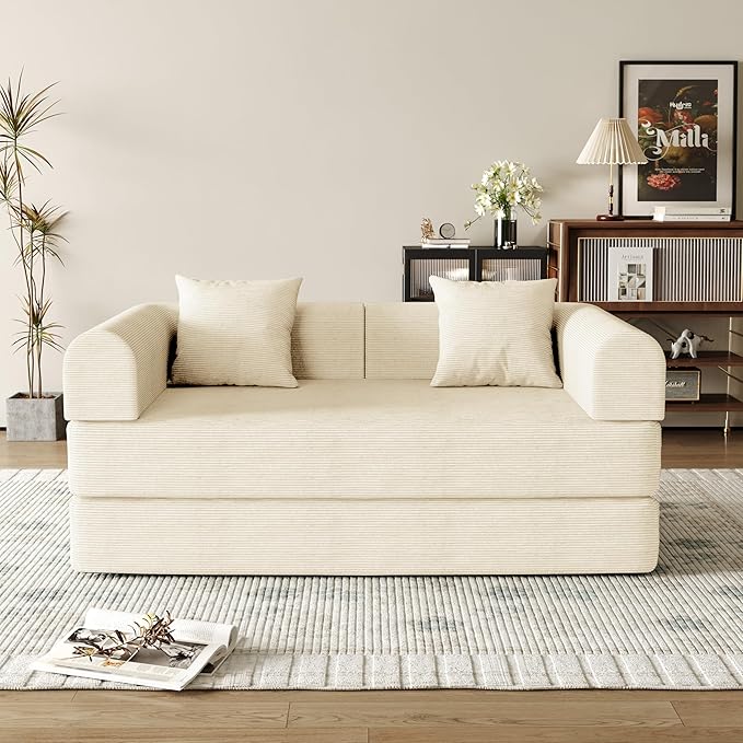 59'' Convertible Compressed Corduroy Folding Cloud Sofa Bed, Modern Boneless Pull Out Loveseat Sleeper in a Box, 4 in 1 Floor Mattress Futon Cloud Couch, No Assembly Needed, Beige, 2 Pillows, Queen