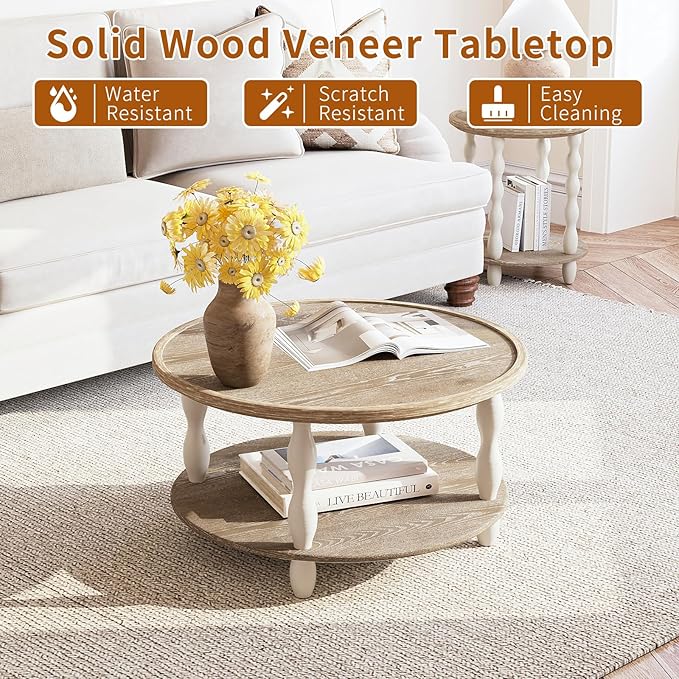 karlott Round Coffee Table, 30.3" Coffee Tables for Living Room, Solid Wood Veneer 2-Tier Center Table with Storage Shelf, Pine Leg, Boho Rustic Farmhouse Coffee Table for Living Room, Easy Assembly