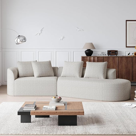 112" Modern Cloud Sectional Sofa, Chenille 4-Seater Curved Couch with 4 Pillows, Extra Deep & Wide Seat, No-Assembly Compressed Upholstered Living Room Sofa for Bedroom,Apartment,Khaki Left