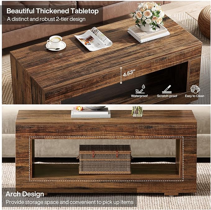 Tribesigns Wood Coffee Table for Living Room, 43.3" Modern Farmhouse Coffee Table with Storage, 2-Tier Rectangular Center Table Cocktail Living Room Table with Sturdy Base, Rustic Brown