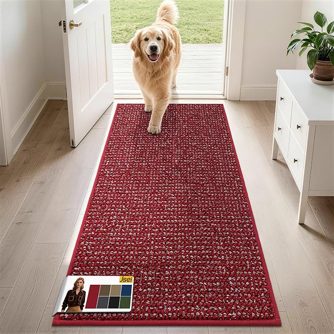 JSEI Dirt Trapper Door Mat 24"x60" Non-Slip Washable Entrance Mat, Dog Doormats, Absorbent & Fade-Resistant Floor Mats, Low Profile Welcome Mats for Entryway, Front Door, and Inside Entrance, Red by JSEI