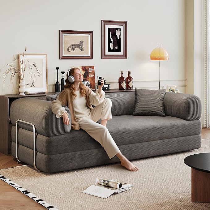 Ball & Cast 78.8" Compressed Modular Sofa Bed, No-Assembly Convertible Floor Futon Couch with Pillow Backrest & Armrest Support, Boneless Corduroy Sleeper Sofa for Living Room & Bedroom, Grey