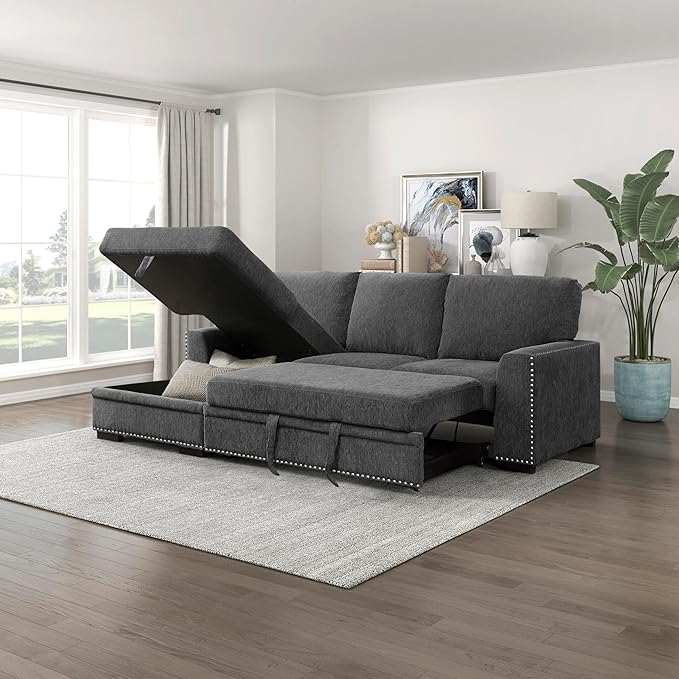 Lexicon Mid Century Modern Sectional Sleeper Sofa Bed Couch with Storage Chaise, Sectional Sofa Pull Out Couch Bed, Sectional Couch Lounge Sofa for Living Room Apartment, Left Side Chaise, Charcoal