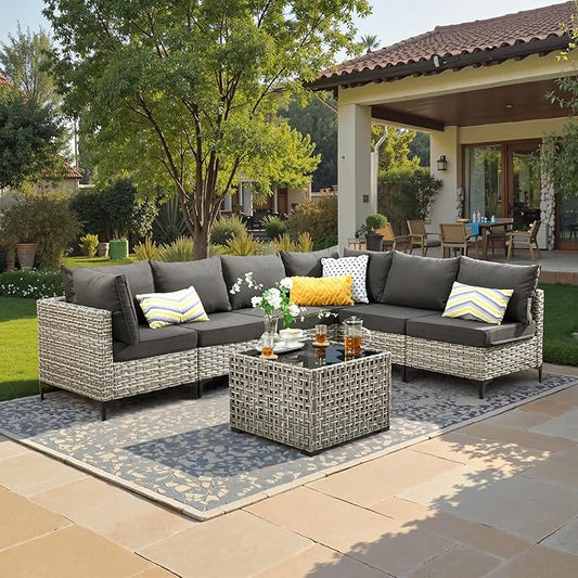 7 Piece Outdoor Patio Furniture with Glowing Coffee Table, Rattan Wicker Conversation Set with Sofa, Sectional Single Chairs for Outside Porch Balcony Backyard Pool,Black