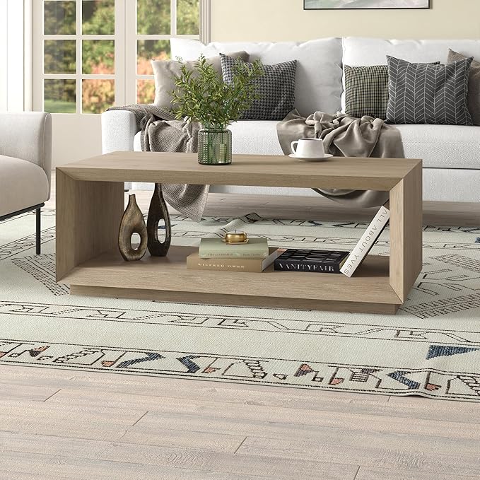 Henn&Hart 48" Rectangular Coffee Table with Open Storage Shelf for Living Room, Family Room, or Office, Weathered Gray