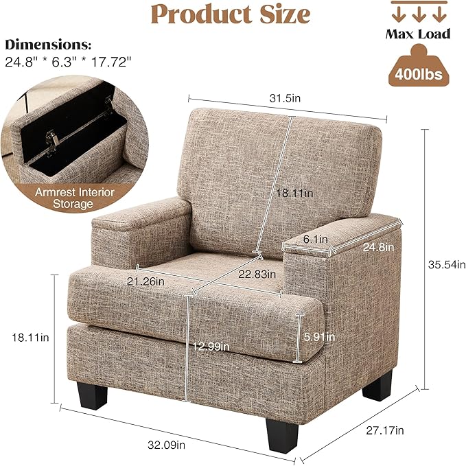Accent Chairs Set of 2 with Armrest Storage, Modern Upholstered Reading Living Room Chairs, Comfy Large Armchairs, Fabric Single Sofa Chair for Bedroom (Yellowish Brown)