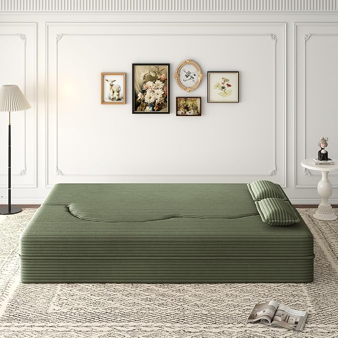 KEIKI Corduroy Floor Sofa Convertible Couch, Full Size 15" Foam Folding Mattress Sleeper Sofa Bed with 2 Pillows, Lounge Floor Couch for Bedroom & Living Room, Green