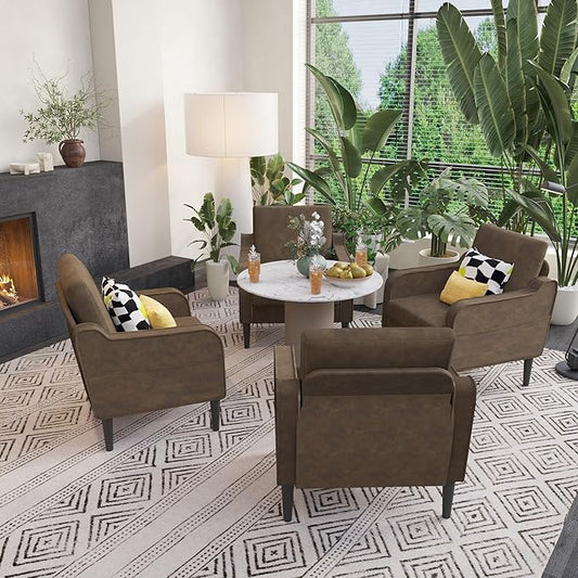 Ribilake Brown Accent Chair Set of 4 - Upholstered Armchair with Side Pockets, Comfy Living Room Arm Chair, Faux Leather Reading Accent Chairs for Bedroom, Living Room, Apartment, Office