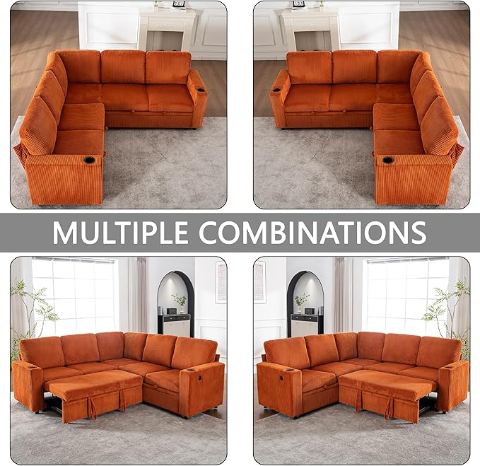 Eafurn 84" Sectional Sleeper Sofa with Pull Out Bed, L-Shaped Modular Corner Sofa with Hidden Storage, Cup Holders & USB Ports, Comfy Corduroy Fabric Convertible Couch for Living Room, Apartment | Breathable material, Side Pockets