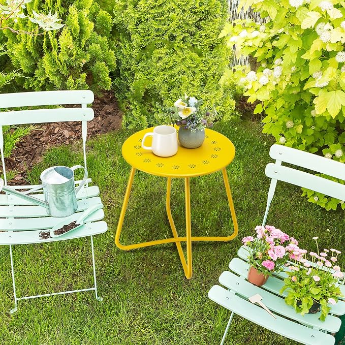 danpinera Outdoor Side Tables with Flower Cut Outs, Weather Resistant Steel Patio Side Table, Small Round Outdoor End Table Metal Side Table for Patio Yard Balcony Garden Yellow - Image 2