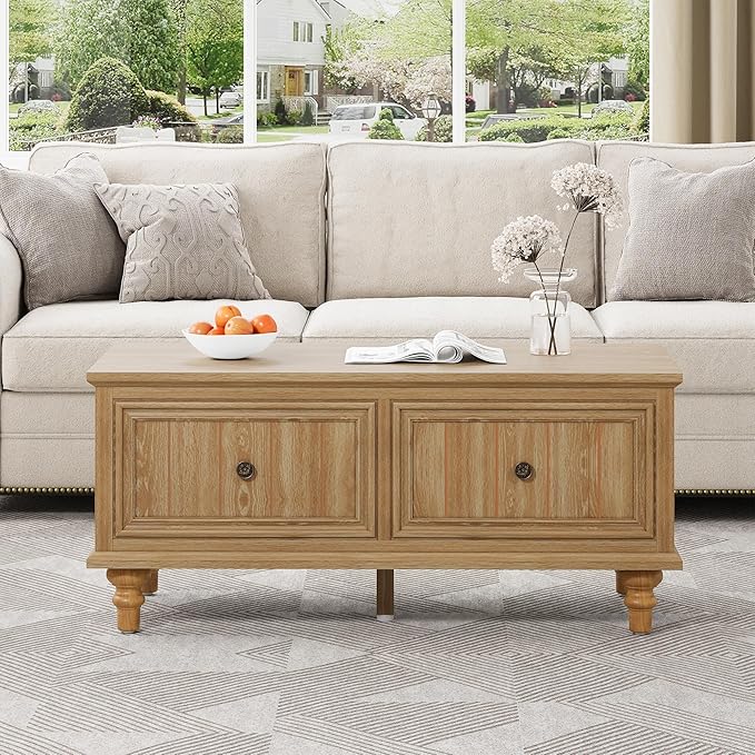 39" Lift Top Coffee Table, Wood Center Table with Storage, Retro Coffee Tables Rectangular Dining Table for Living Room Home Office Small Space (Natural)