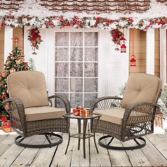 EROMMY 3 Pieces Outdoor Swivel Rocker Patio Chairs, 360 Degree Rocking Patio Conversation Set with Thickened Cushions and Glass Coffee Table for Backyard, Khaki