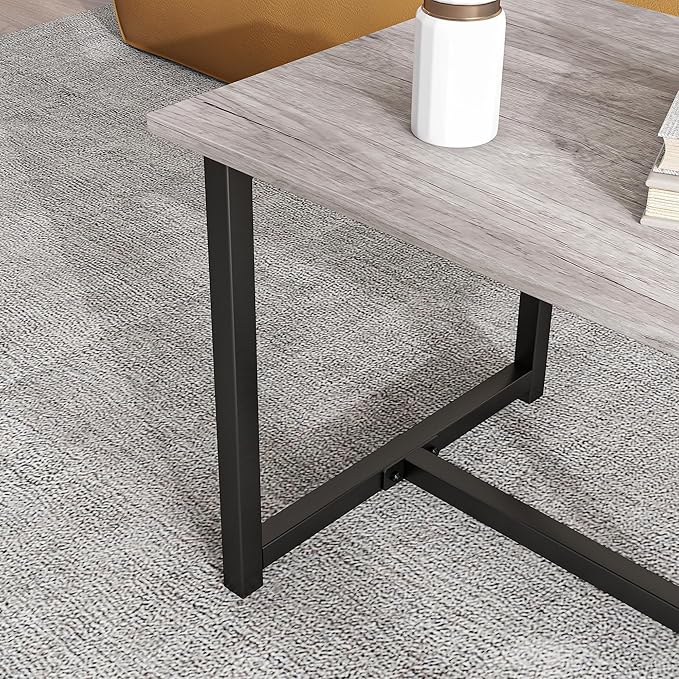 Coffee Table for Living Room, Modern Rectangular Center Coffee Tables for Small Space, Industrial Furniture, Sofa End Tables/Tea Table/Center Table, Couch Table with Metal Black Frame Grey Top