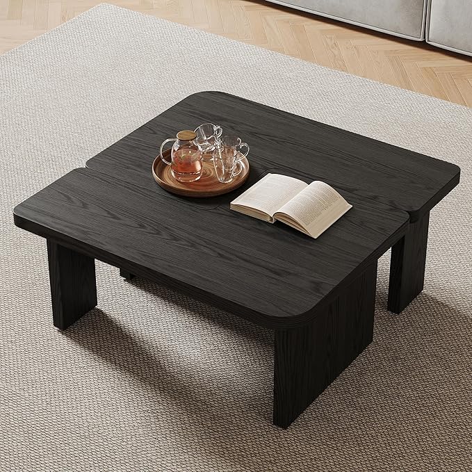 Black Wood Coffee Table, Free Adjustable Modern Living Room Table as Square, Rectangle, Irregular Tea Table, Couch Side Tabl e for Home Office