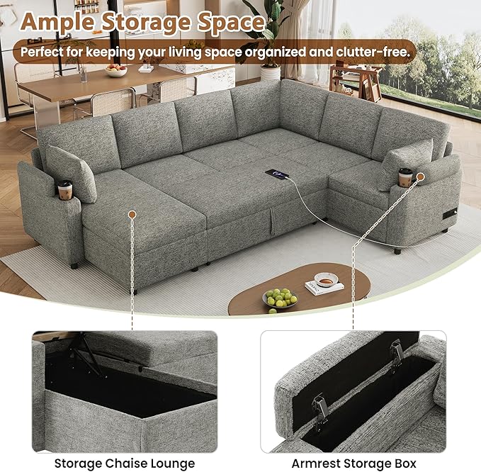 ERYE U Shaped Pull Out Sleeper Sectional Sofa Bed Modern Corner Convertible Sleeper Couch with Left Facing Storage Chaise, Cupholders, Charging Ports and Armrests Storage