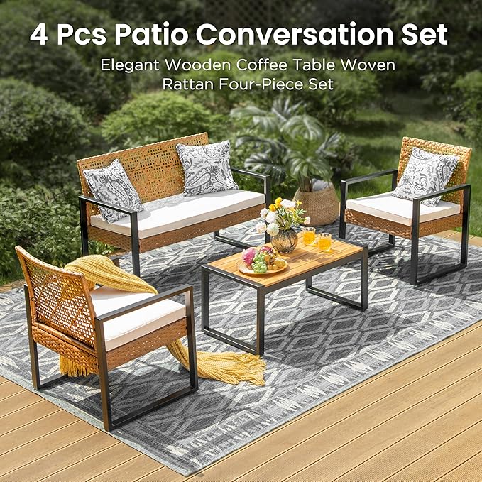 PHI VILLA Wicker Patio Furniture Set for 4, Rattan Loveseat & Chairs with Beige Cushions & Acacia Wood Coffee Table, Outdoor Modern Sectional Conversation Sofa Set for Deck, Yard, Porch