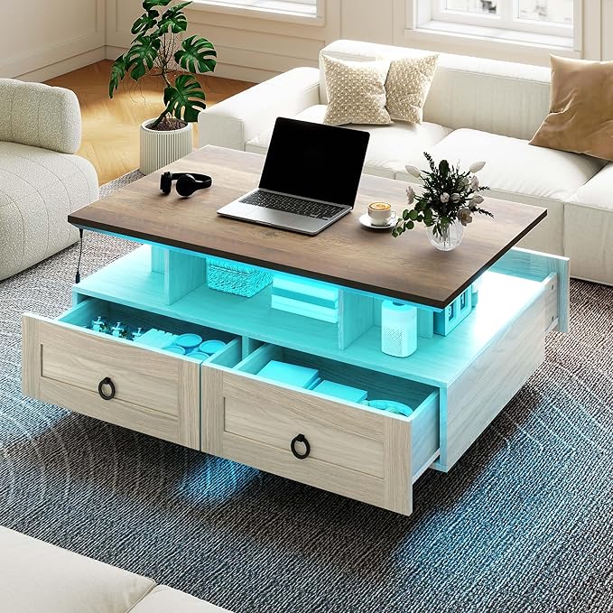 DWVO LED Coffee Table with Storage 4 Drawers, Modern High Glossy Coffee Tables for Living Room, White Rectangle Coffee Table Small Center Table with Open Display Shelf & Sliding Drawers, Brown and Oak