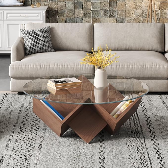 Harper & Bright Designs The Round Coffee Table with Glass Top and Geometric Abstract Art Deco Base Storage Shelves, Walnut, 35.4"