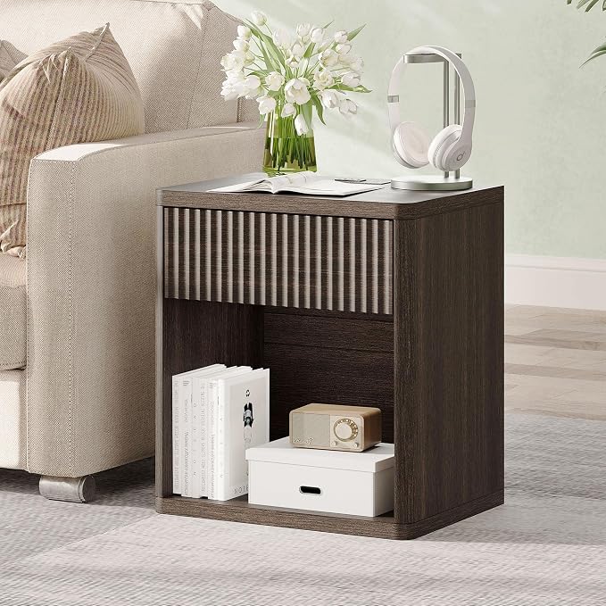 Fluted Nightstand with Drawer Bed Side Table Wide End Table Modern Night Stands with Large Storage Charging Station Mid Century for Bedroom Living Room Office,Walnut - Image 7